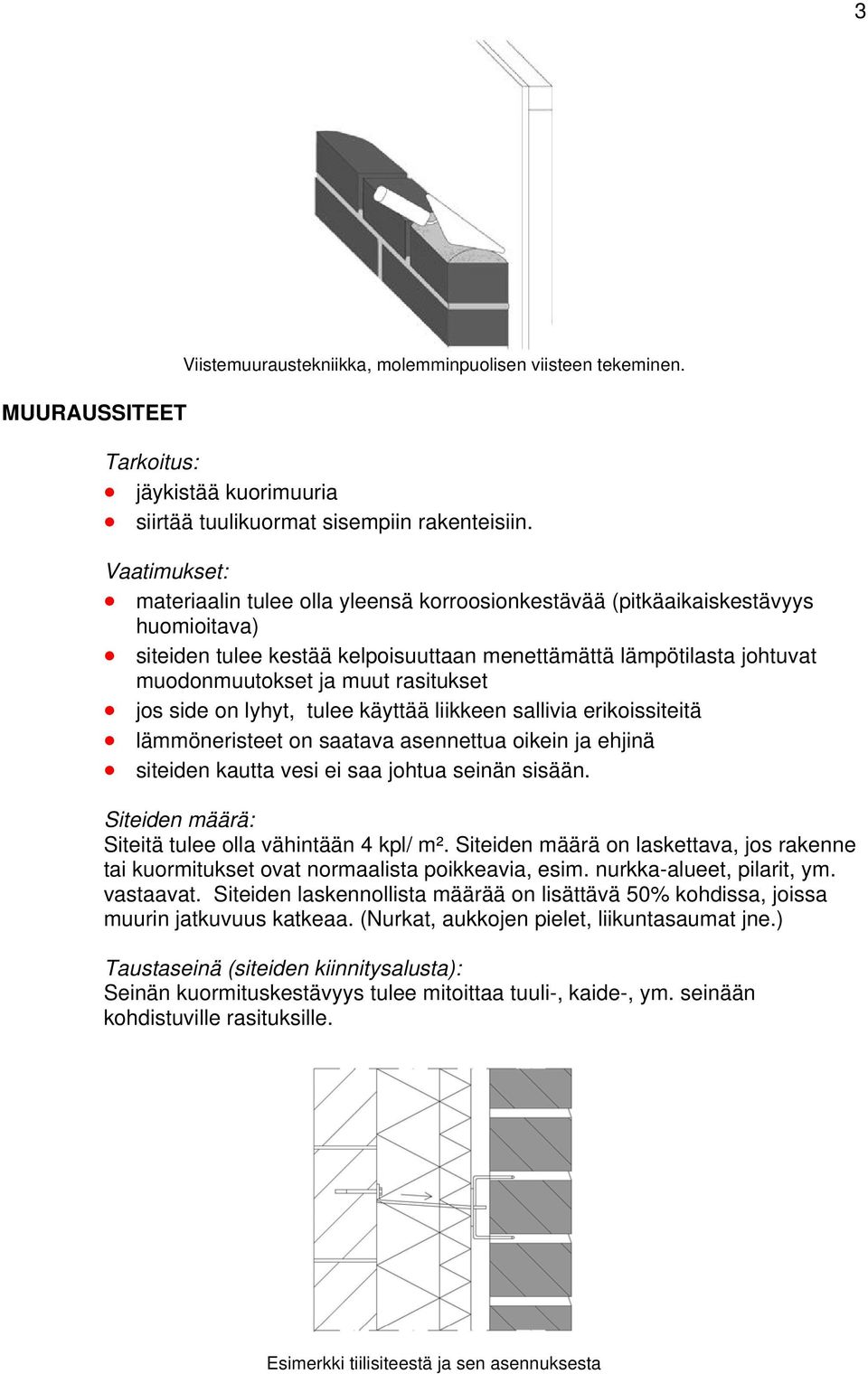 rasitukset jos side on lyhyt, tulee käyttää liikkeen sallivia erikoissiteitä lämmöneristeet on saatava asennettua oikein ja ehjinä siteiden kautta vesi ei saa johtua seinän sisään.