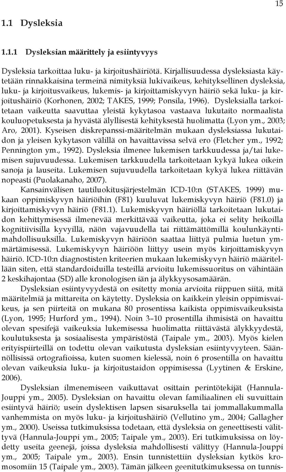 kirjoitushäiriö (Korhonen, 2002; TAKES, 1999; Ponsila, 1996).