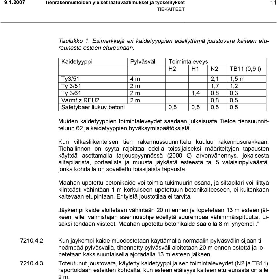 betoni 0,5 0,5 0,5 0,5 Muiden kaidetyyppien toimintaleveydet saadaan julkaisusta Tietoa tiensuunnitteluun 62 ja kaidetyyppien hyväksymispäätöksistä.