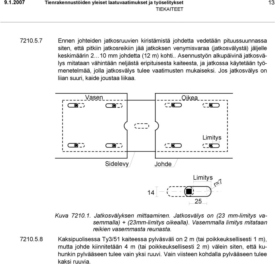 m) kohti.. Asennustyön alkupäivinä jatkosvälys mitataan vähintään neljästä eripituisesta kaiteesta, ja jatkossa käytetään työmenetelmää, jolla jatkosvälys tulee vaatimusten mukaiseksi.