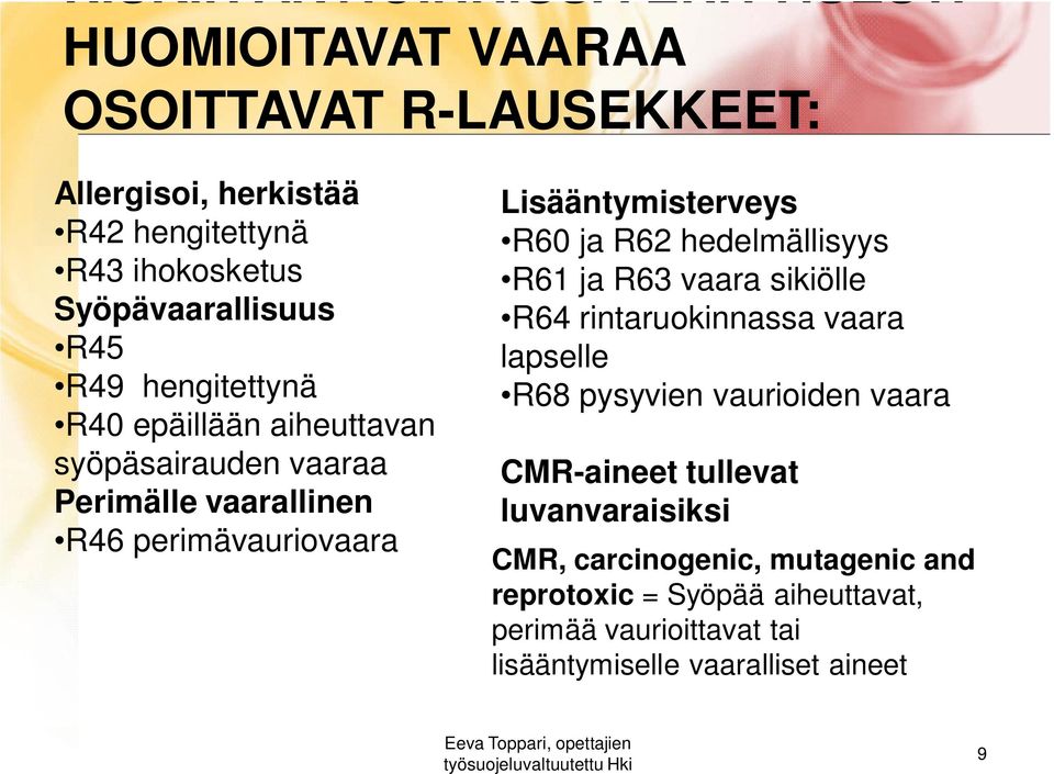 Lisääntymisterveys R60 ja R62 hedelmällisyys R61 ja R63 vaara sikiölle R64 rintaruokinnassa vaara lapselle R68 pysyvien vaurioiden vaara