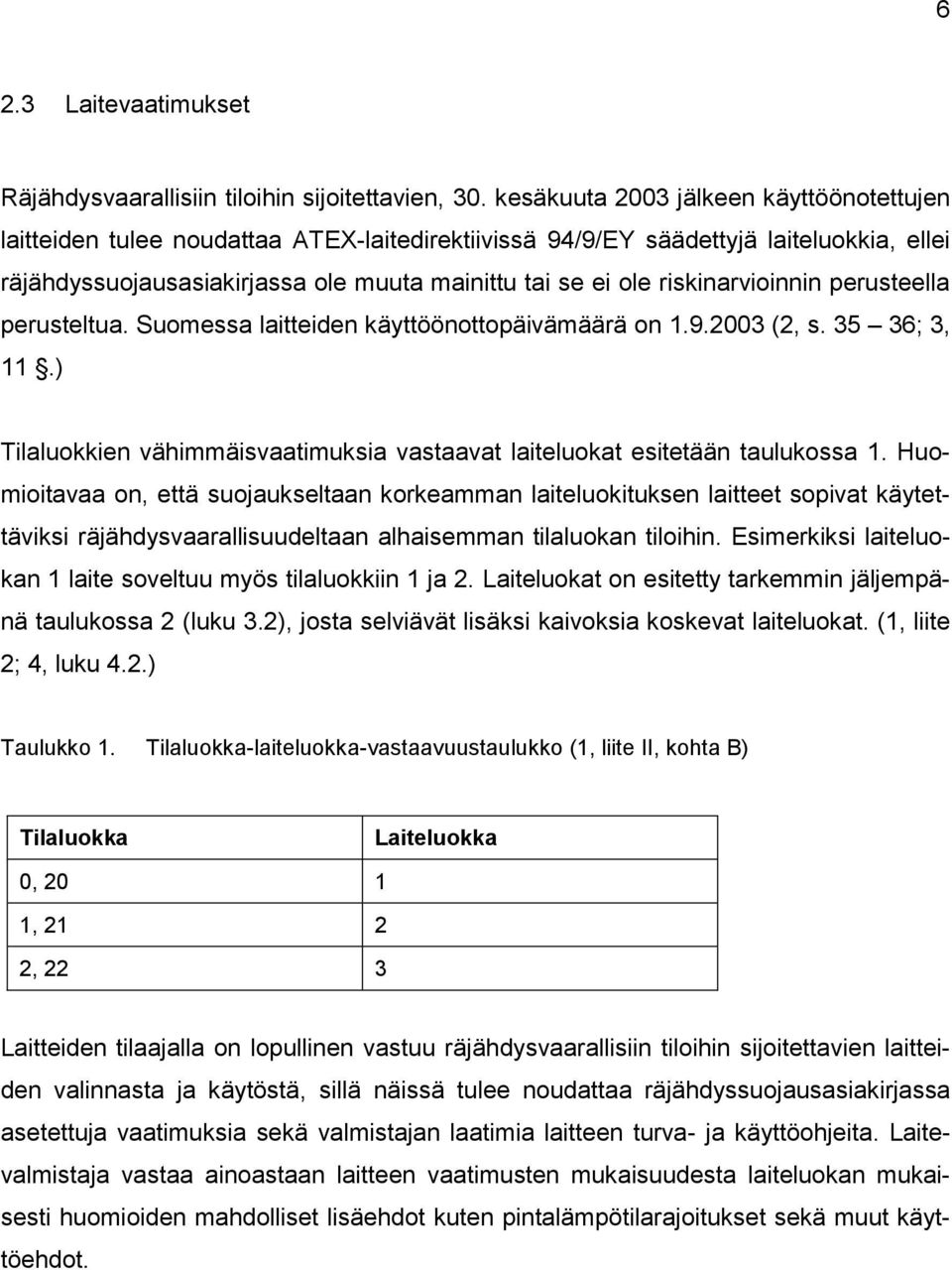riskinarvioinnin perusteella perusteltua. Suomessa laitteiden käyttöönottopäivämäärä on 1.9.2003 (2, s. 35 36; 3, 11.) Tilaluokkien vähimmäisvaatimuksia vastaavat laiteluokat esitetään taulukossa 1.
