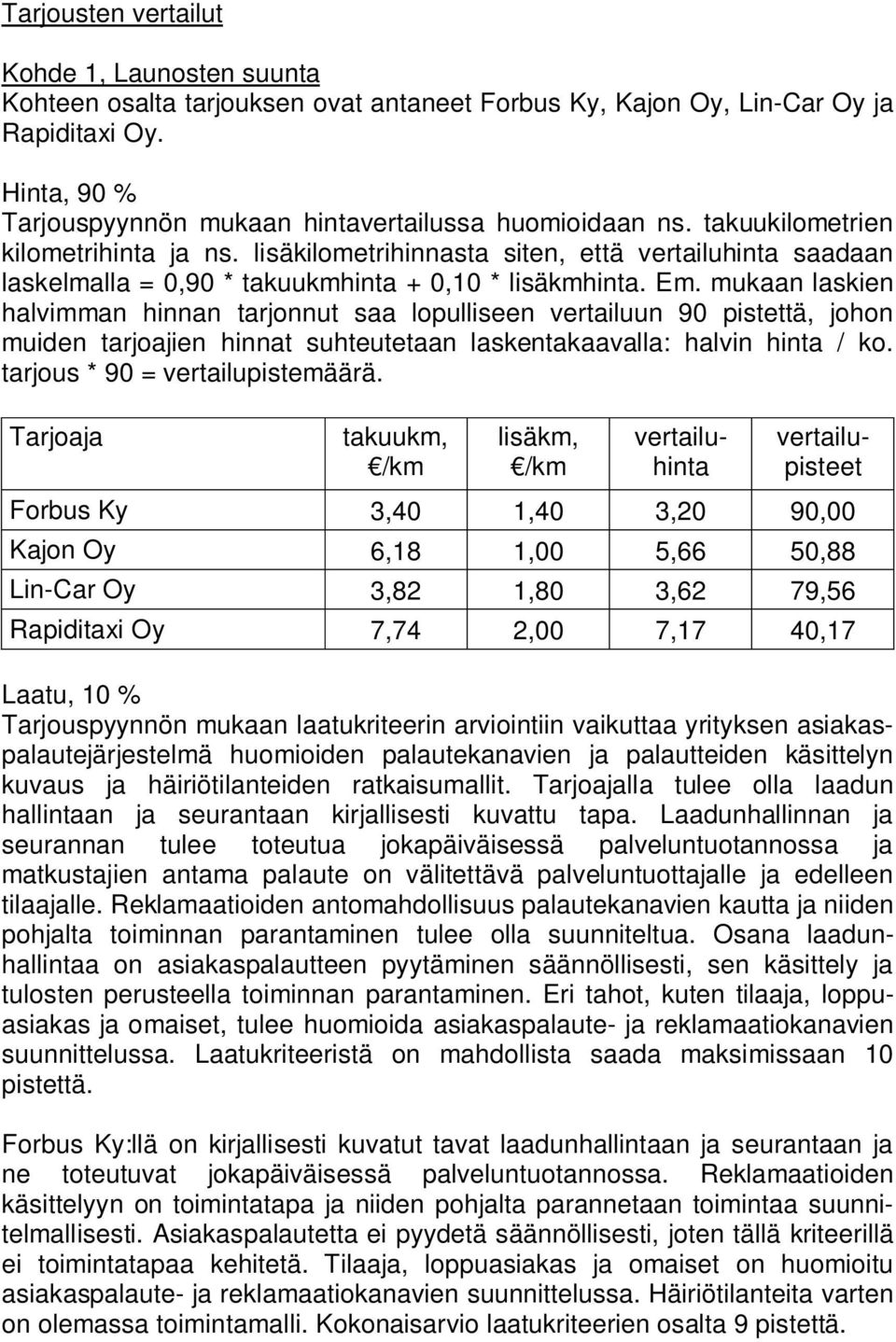 lisäkilometrihinnasta siten, että vertailuhinta saadaan laskelmalla = 0,90 * takuukmhinta + 0,10 * lisäkmhinta. Em.