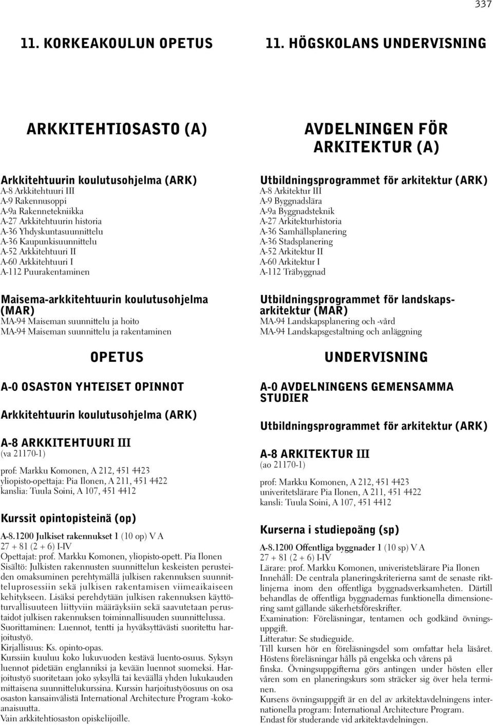 A-36 Kaupunkisuunnittelu A-52 Arkkitehtuuri II A-60 Arkkitehtuuri I A-112 Puurakentaminen Maisema-arkkitehtuurin koulutusohjelma (MAR) MA-94 Maiseman suunnittelu ja hoito MA-94 Maiseman suunnittelu