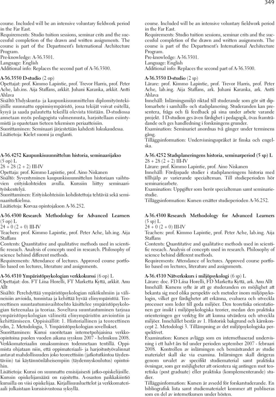 Pre-knowledge: A-36.3501. Language: English Additional info: Replaces the second part of A-36.3500. A-36.3550 D-studio (2 op) Opettajat: prof. Kimmo Lapintie, prof. Trevor Harris, prof.