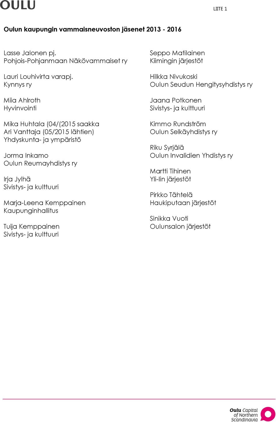 ja kulttuuri Marja-Leena Kemppainen Kaupunginhallitus Tuija Kemppainen Sivistys- ja kulttuuri Seppo Matilainen Kiimingin järjestöt Hilkka Nivukoski Oulun Seudun Hengitysyhdistys