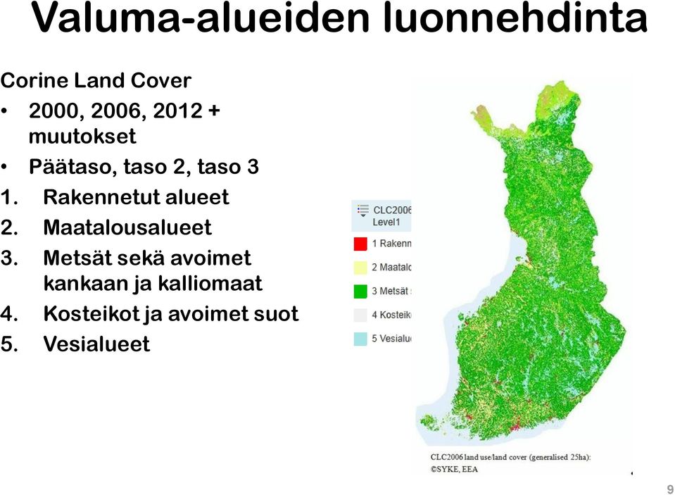 Rakennetut alueet 2. Maatalousalueet 3.