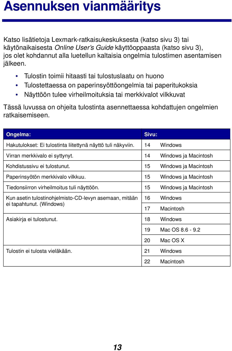 Tulostin toimii hitaasti tai tulostuslaatu on huono Tulostettaessa on paperinsyöttöongelmia tai paperitukoksia Näyttöön tulee virheilmoituksia tai merkkivalot vilkkuvat Tässä luvussa on ohjeita