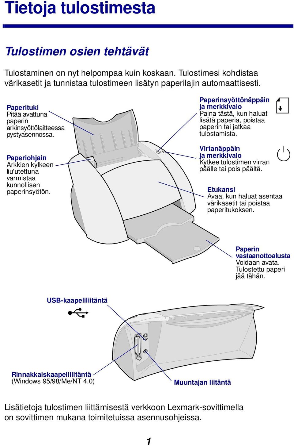 Paperinsyöttönäppäin ja merkkivalo Paina tästä, kun haluat lisätä paperia, poistaa paperin tai jatkaa tulostamista. Virtanäppäin ja merkkivalo Kytkee tulostimen virran päälle tai pois päältä.