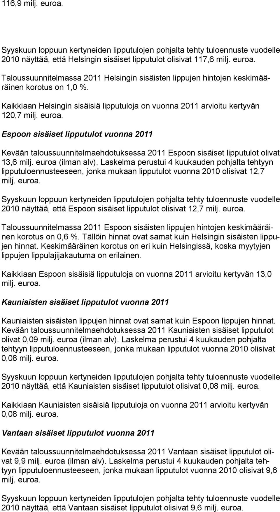 Kaikkiaan Helsingin sisäisiä lipputuloja on vuonna 2011 arvioitu kertyvän 120,7 Espoon sisäiset lipputulot vuonna 2011 Kevään taloussuunnitelmaehdotuksessa 2011 Espoon sisäiset lipputulot olivat 13,6