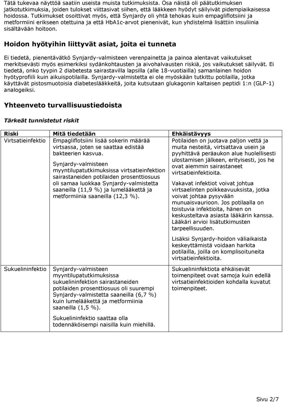 Tutkimukset osoittivat myös, että Synjardy oli yhtä tehokas kuin empagliflotsiini ja metformiini erikseen otettuina ja että HbA1c-arvot pienenivät, kun yhdistelmä lisättiin insuliinia sisältävään