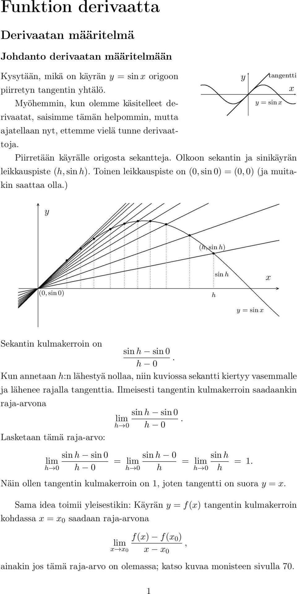 sin 0) (0, 0) (ja muitakin saattaa olla) (h, sin h) (0, sin 0) h sin h sin Sekantin kulmakerroin on sin h sin 0 h 0 Kun annetaan h:n lähestä nollaa, niin kuviossa sekantti kiert vasemmalle ja lähenee