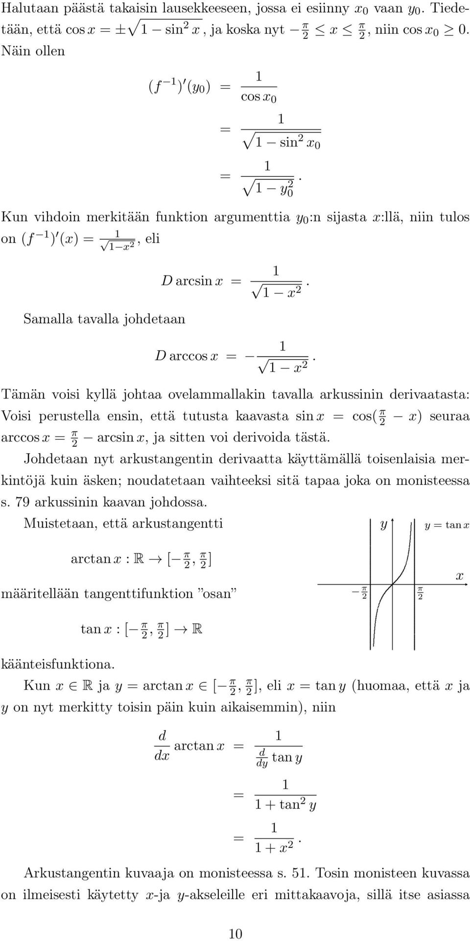 että tutusta kaavasta sin cos( π ) seuraa arccos π arcsin, ja sitten voi derivoida tästä Johdetaan nt arkustangentin derivaatta kättämällä toisenlaisia merkintöjä kuin äsken; noudatetaan vaihteeksi