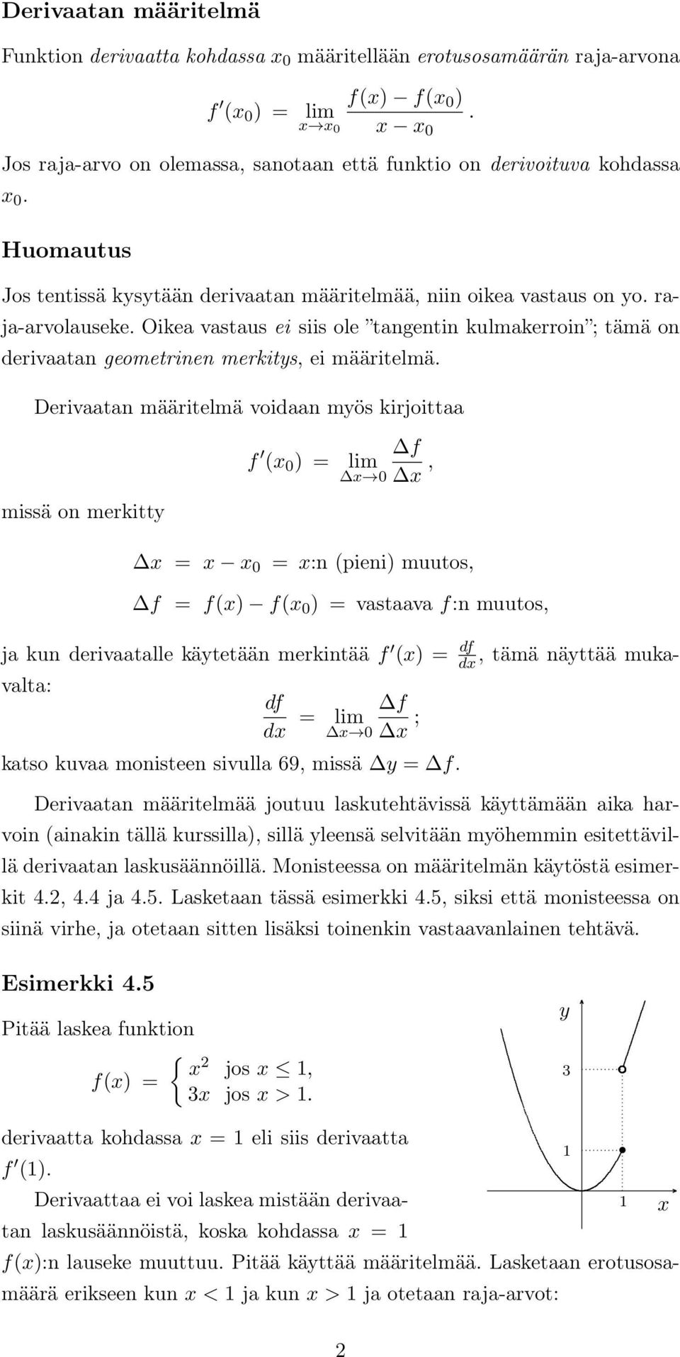 Derivaatan määritelmä voidaan mös kirjoittaa missä on merkitt f ( 0 ) f lim 0, 0 :n (pieni) muutos, f f() f( 0 ) vastaava f:n muutos, ja kun derivaatalle kätetään merkintää f () df d, tämä nättää