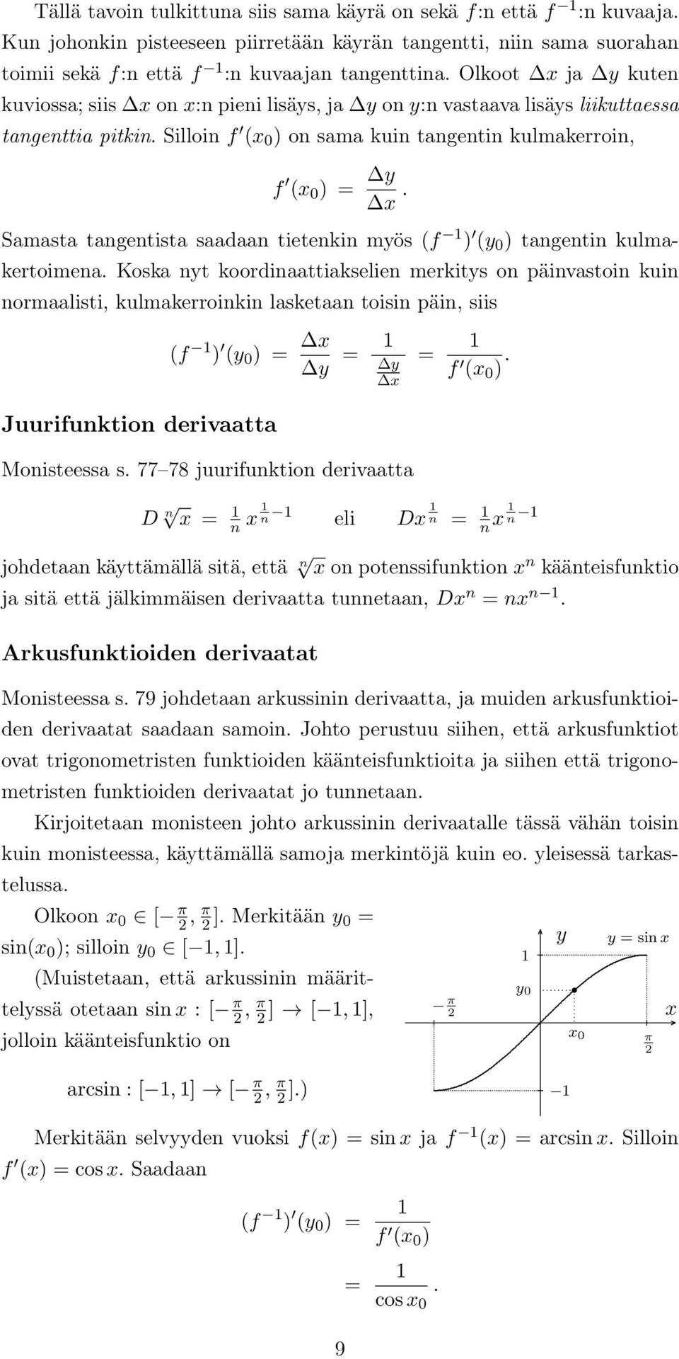 (f ) ( 0 ) tangentin kulmakertoimena Koska nt koordinaattiakselien merkits on päinvastoin kuin normaalisti, kulmakerroinkin lasketaan toisin päin, siis (f ) ( 0 ) Juurifunktion derivaatta Monisteessa