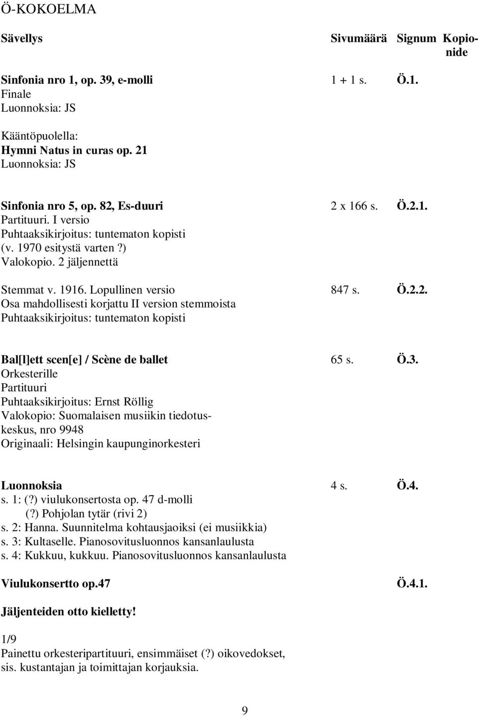 Ö.3. Orkesterille Puhtaaksikirjoitus: Ernst Röllig Valokopio: Suomalaisen musiikin tiedotuskeskus, nro 9948 Originaali: Helsingin kaupunginorkesteri Luonnoksia 4 s. Ö.4. s. 1: (?) viulukonsertosta op.
