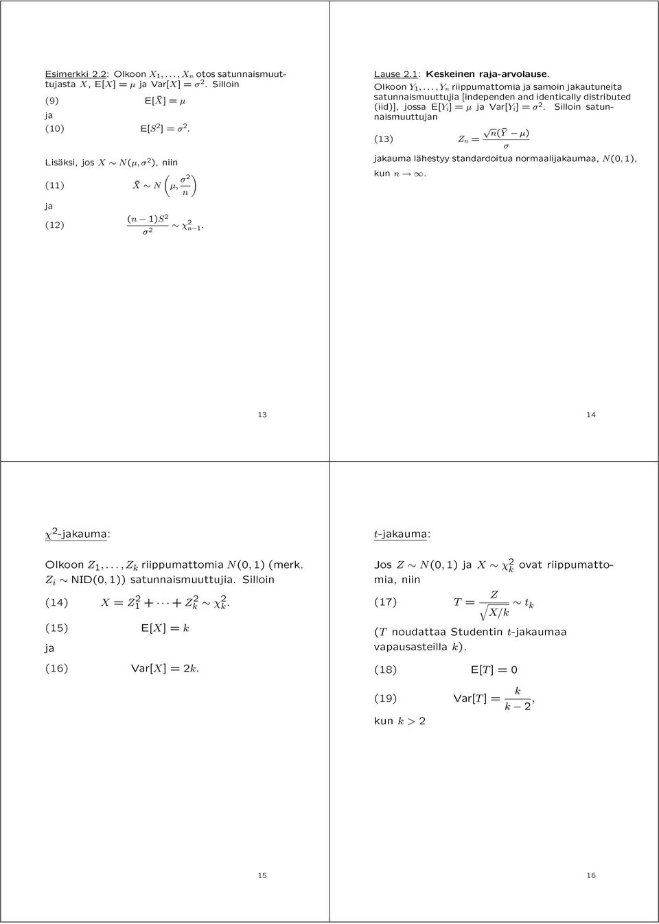 ..,Y n riippumattomia ja samoin jakautuneita satunnaismuuttujia [independen and identically distributed (iid)], jossa E[Y i ]=μ ja Var[Y i ]=σ 2.