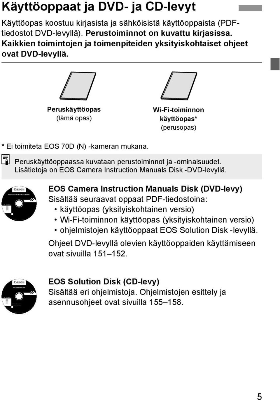 Käyttöoppaat ja DVD- ja CD-levyt Käyttöopas koostuu kirjasista ja sähköisistä käyttöoppaista (PDFtiedostot DVD-levyllä). Perustoiminnot on kuvattu kirjasissa.