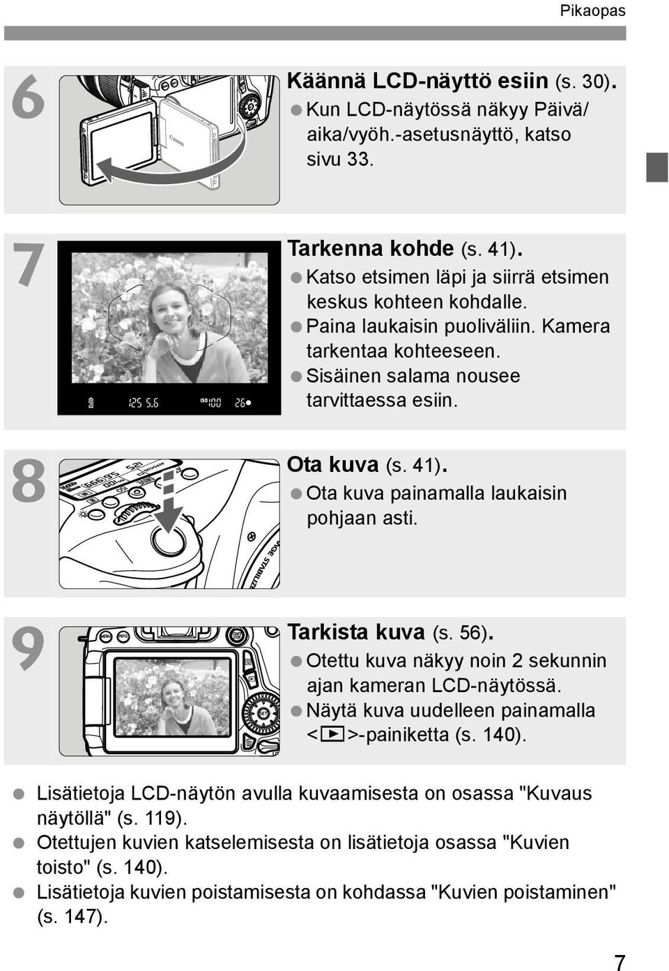 Ota kuva painamalla laukaisin pohjaan asti. Tarkista kuva (s. 56). Otettu kuva näkyy noin 2 sekunnin ajan kameran LCD-näytössä. Näytä kuva uudelleen painamalla <x>-painiketta (s. 140).