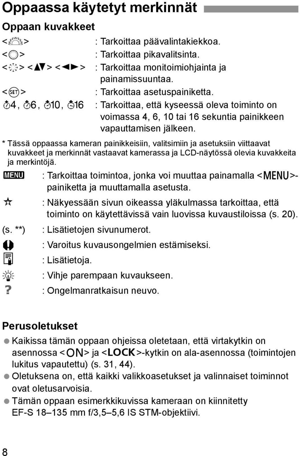 * Tässä oppaassa kameran painikkeisiin, valitsimiin ja asetuksiin viittaavat kuvakkeet ja merkinnät vastaavat kamerassa ja LCD-näytössä olevia kuvakkeita ja merkintöjä.