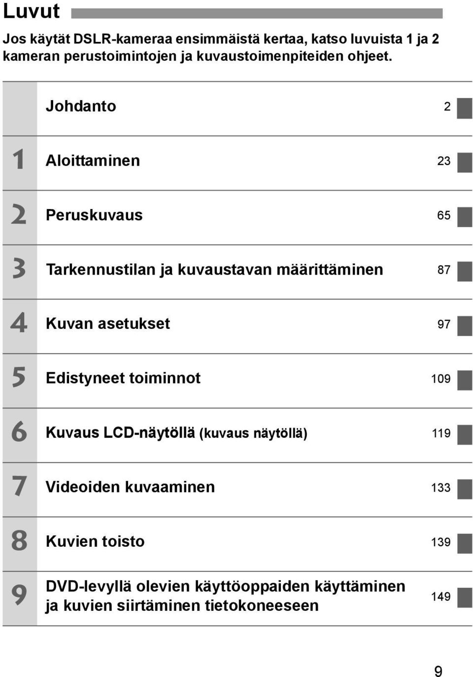 Johdanto 2 1 2 3 4 5 6 7 8 Aloittaminen 23 Peruskuvaus 65 Tarkennustilan ja kuvaustavan määrittäminen 87 Kuvan