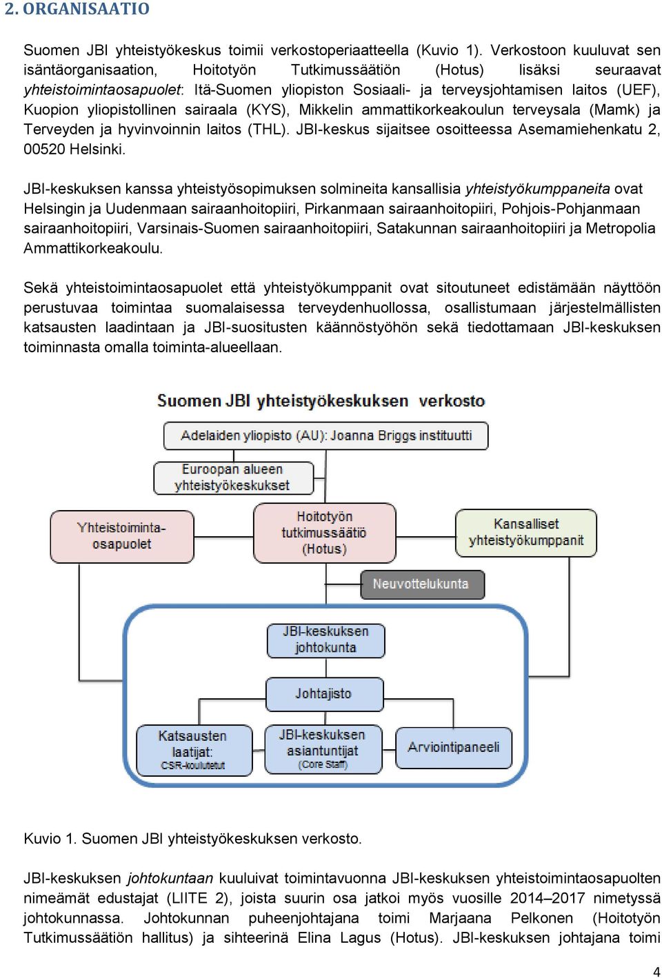 yliopistollinen sairaala (KYS), Mikkelin ammattikorkeakoulun terveysala (Mamk) ja Terveyden ja hyvinvoinnin laitos (THL). JBI-keskus sijaitsee osoitteessa Asemamiehenkatu 2, 00520 Helsinki.