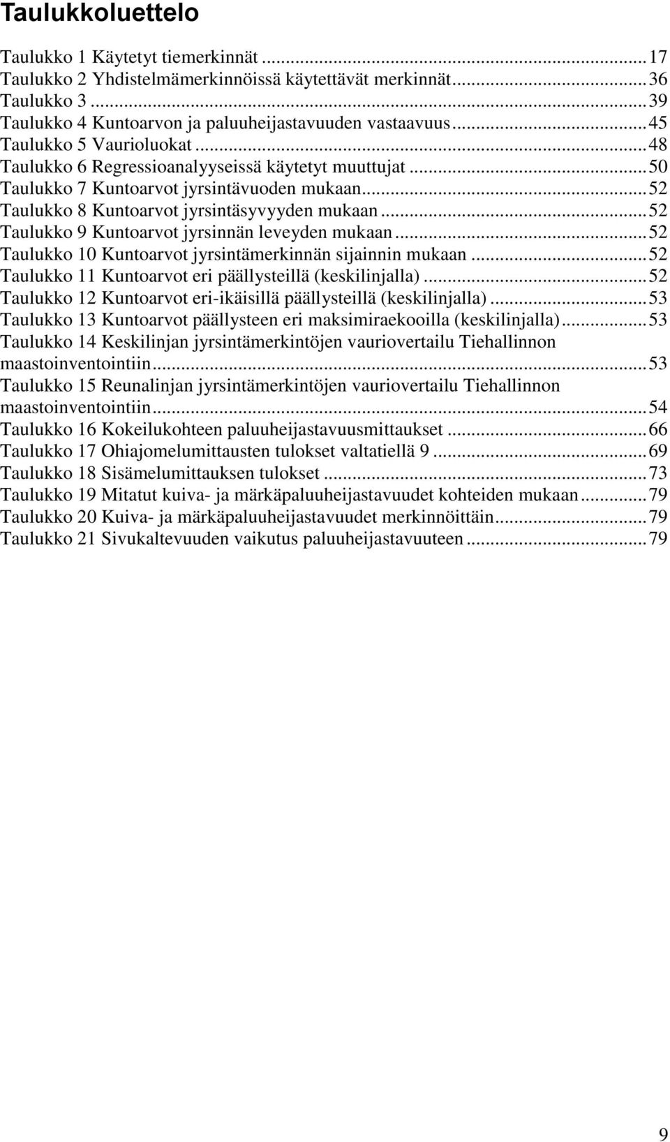 .. 52 Taulukko 9 Kuntoarvot jyrsinnän leveyden mukaan... 52 Taulukko 10 Kuntoarvot jyrsintämerkinnän sijainnin mukaan... 52 Taulukko 11 Kuntoarvot eri päällysteillä (keskilinjalla).