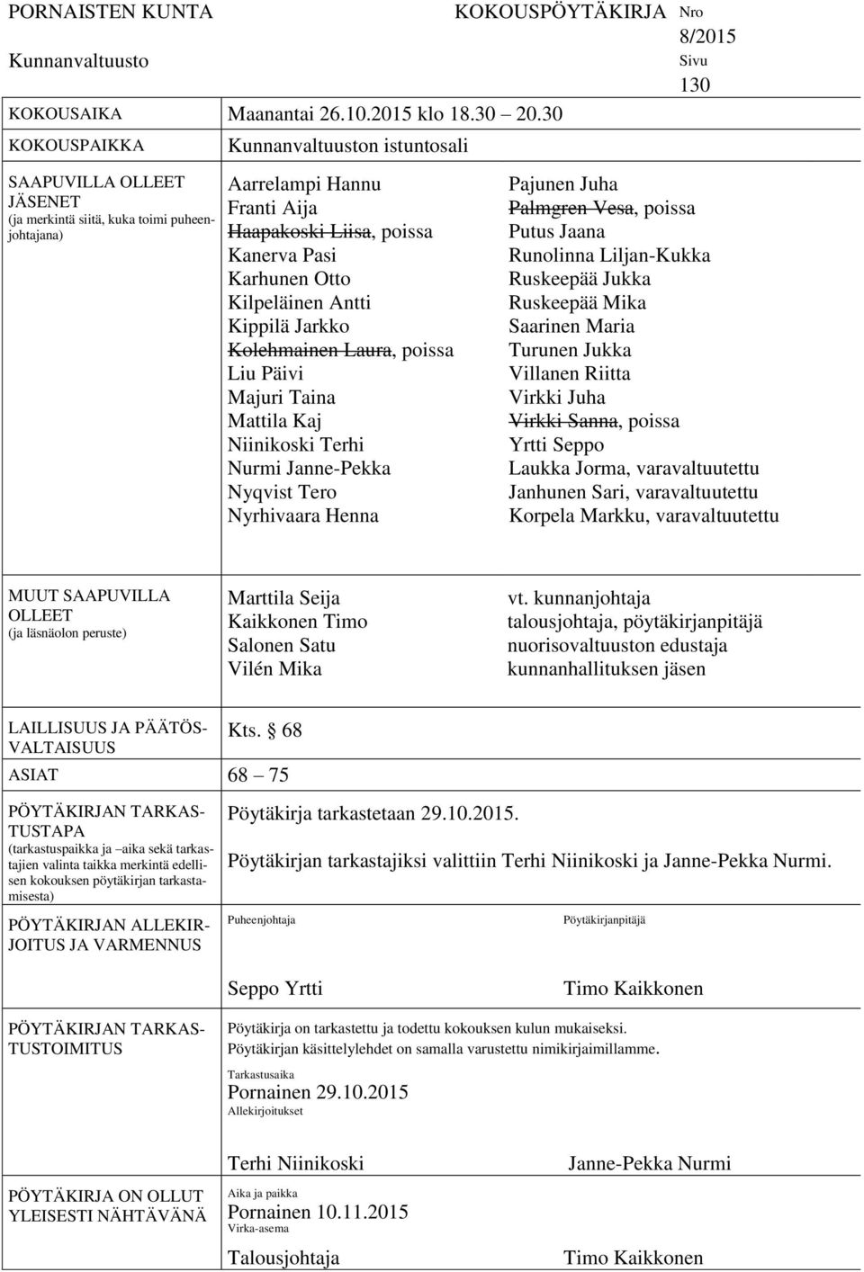 Kilpeläinen Antti Kippilä Jarkko Kolehmainen Laura, poissa Liu Päivi Majuri Taina Mattila Kaj Niinikoski Terhi Nurmi Janne-Pekka Nyqvist Tero Nyrhivaara Henna KOKOUSPÖYTÄKIRJA Nro 8/2015 Sivu 130