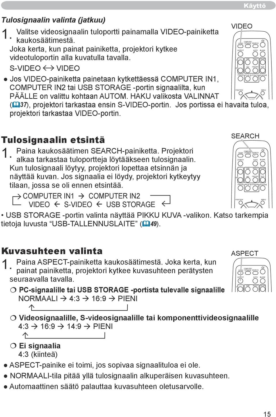 HOME PAGE UP VOLUME ON END PAGE DOWN MUTE OFF S-VIDEO VIDEO FREEZE MY BUTTON KEYSTONE 1 2 Jos VIDEO-painiketta painetaan kytkettäessä COMPUTER IN1, COMPUTER IN2 tai USB STORAGE -portin signaalilta,