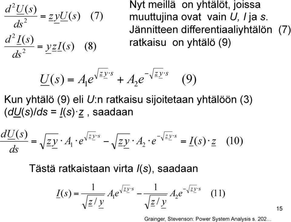 eli :n ratkaiu ijoitetaan yhtälöön (3) (d()/d () z, aadaan d( ) d z y z y z y A e z y A e ( ) z ()