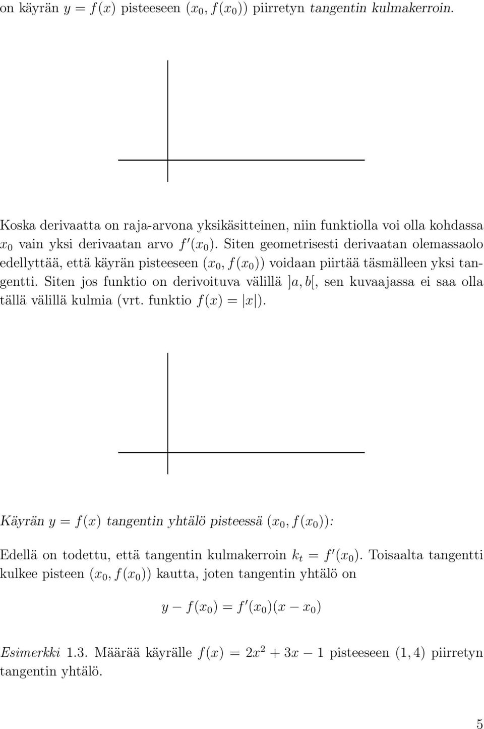 Siten geometrisesti derivaatan olemassaolo edellyttää, että käyrän pisteeseen (x 0, f(x 0 )) voidaan piirtää täsmälleen yksi tangentti.