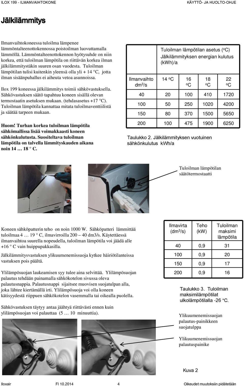 Tuloilman lämpötilan tulisi kuitenkin yleensä olla yli + 14 C, jotta ilman sisäänpuhallus ei aiheuta vetoa asunnoissa. Ilox 199 koneessa jälkilämmitys toimii sähkövastuksella.