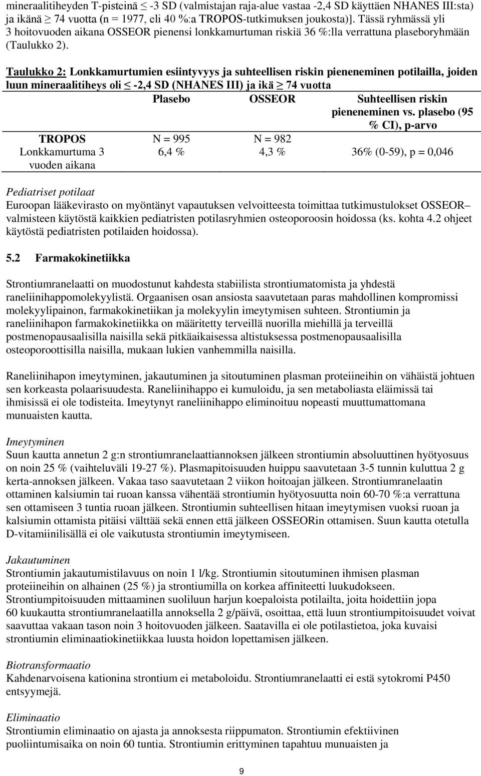 Taulukko 2: Lonkkamurtumien esiintyvyys ja suhteellisen riskin pieneneminen potilailla, joiden luun mineraalitiheys oli 2,4 SD (NHANES III) ja ikä 74 vuotta Plasebo OSSEOR Suhteellisen riskin