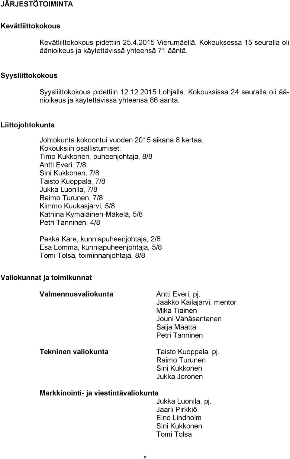 Liittojohtokunta Johtokunta kokoontui vuoden 2015 aikana 8 kertaa.