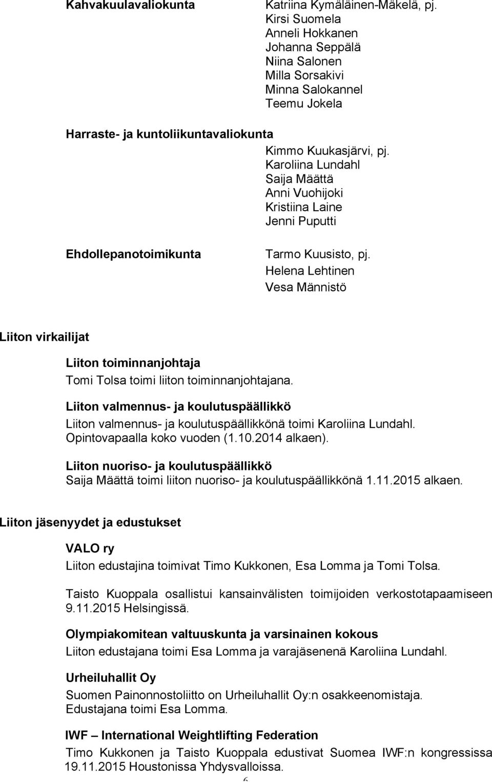 Karoliina Lundahl Saija Määttä Anni Vuohijoki Kristiina Laine Jenni Puputti Ehdollepanotoimikunta Tarmo Kuusisto, pj.