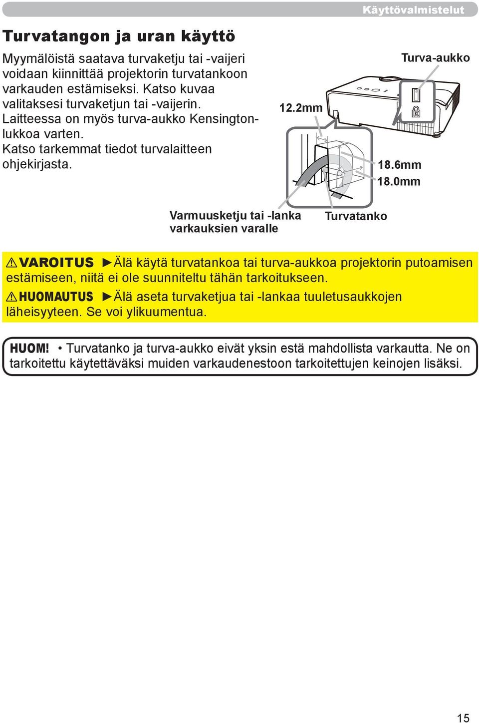 0mm Turva-aukko Varmuusketju tai -lanka varkauksien varalle Turvatanko VAROITUS Älä käytä turvatankoa tai turva-aukkoa projektorin putoamisen estämiseen, niitä ei ole suunniteltu tähän
