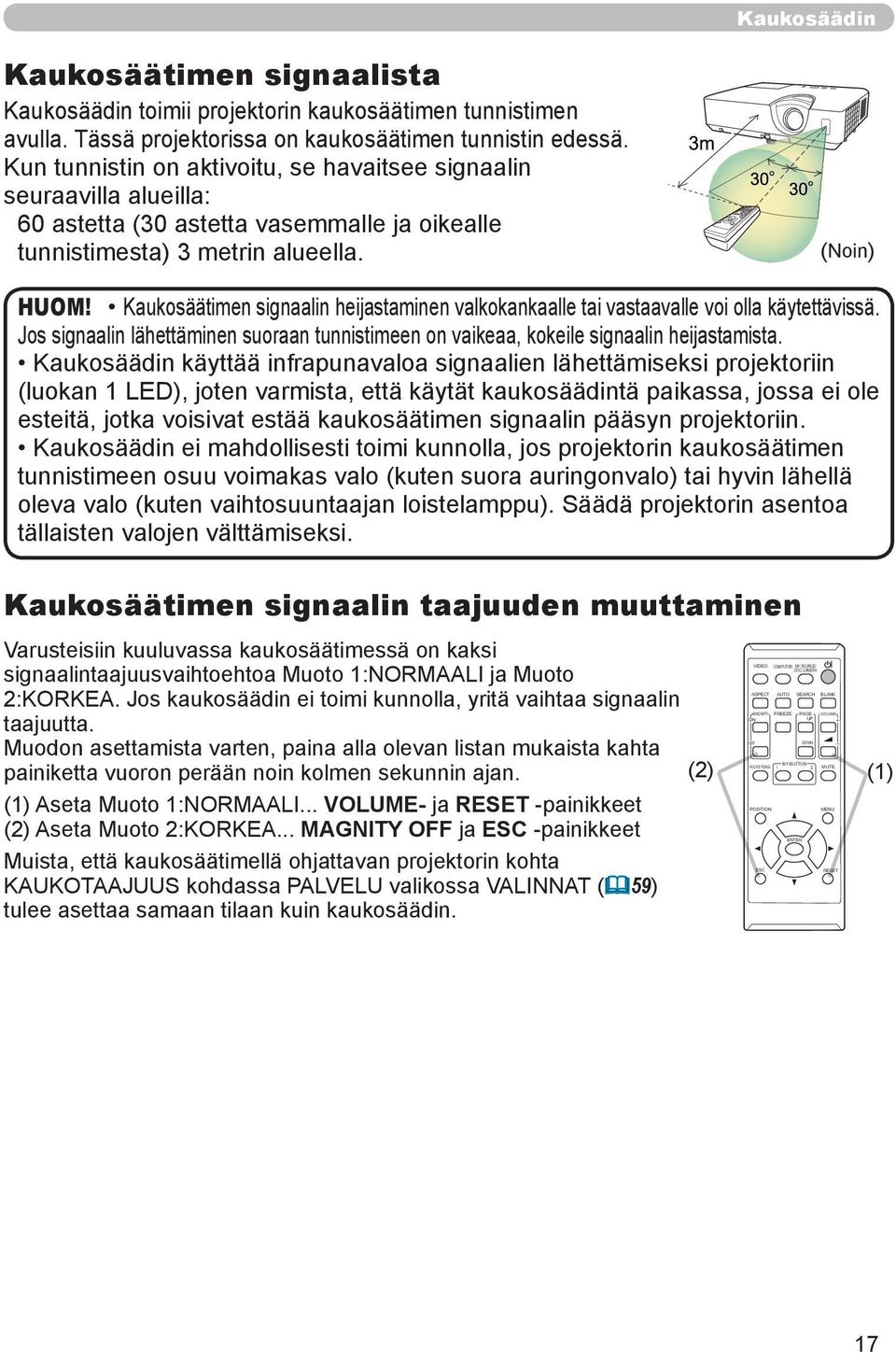 Kaukosäätimen signaalin heijastaminen valkokankaalle tai vastaavalle voi olla käytettävissä. Jos signaalin lähettäminen suoraan tunnistimeen on vaikeaa, kokeile signaalin heijastamista.