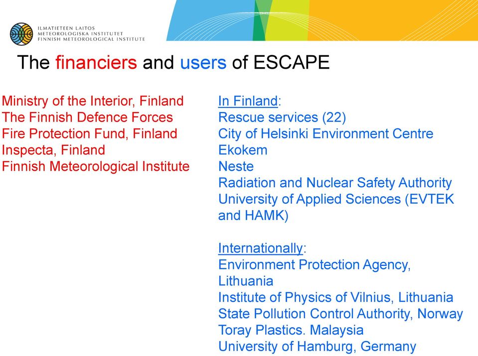 and Nuclear Safety Authority University of Applied Sciences (EVTEK and HAMK) Internationally: Environment Protection Agency, Lithuania