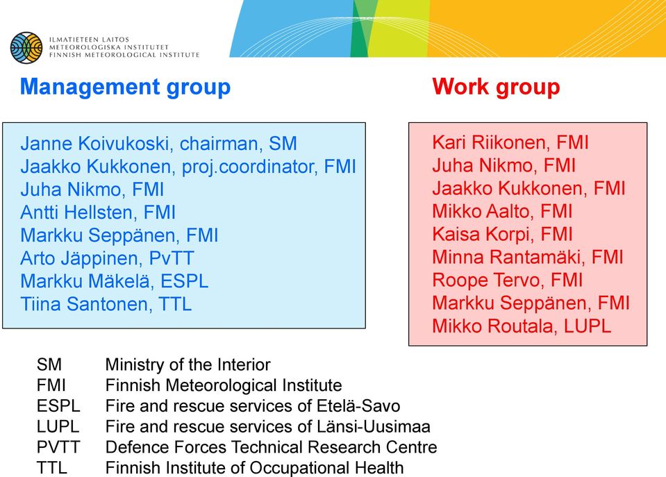 Riikonen, FMI Juha Nikmo, FMI Jaakko Kukkonen, FMI Mikko Aalto, FMI Kaisa Korpi, FMI Minna Rantamäki, FMI Roope Tervo, FMI Markku Seppänen, FMI Mikko