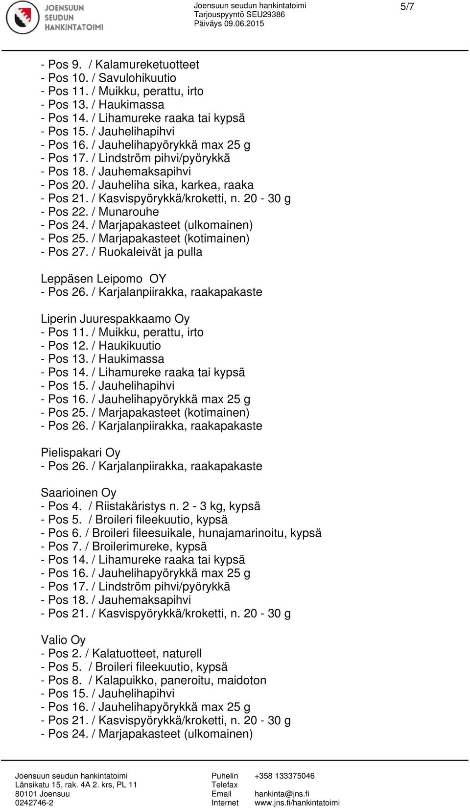 / Haukikuutio Pielispakari Oy Saarioinen Oy - Pos 4. / Riistakäristys n. 2-3 kg, kypsä - Pos 5. / Broileri fileekuutio, kypsä - Pos 6. / Broileri fileesuikale, hunajamarinoitu, kypsä - Pos 7.