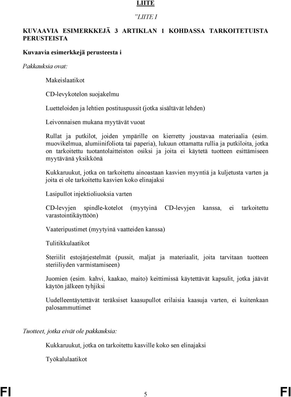 muovikelmua, alumiinifoliota tai paperia), lukuun ottamatta rullia ja putkiloita, jotka on tarkoitettu tuotantolaitteiston osiksi ja joita ei käytetä tuotteen esittämiseen myytävänä yksikkönä