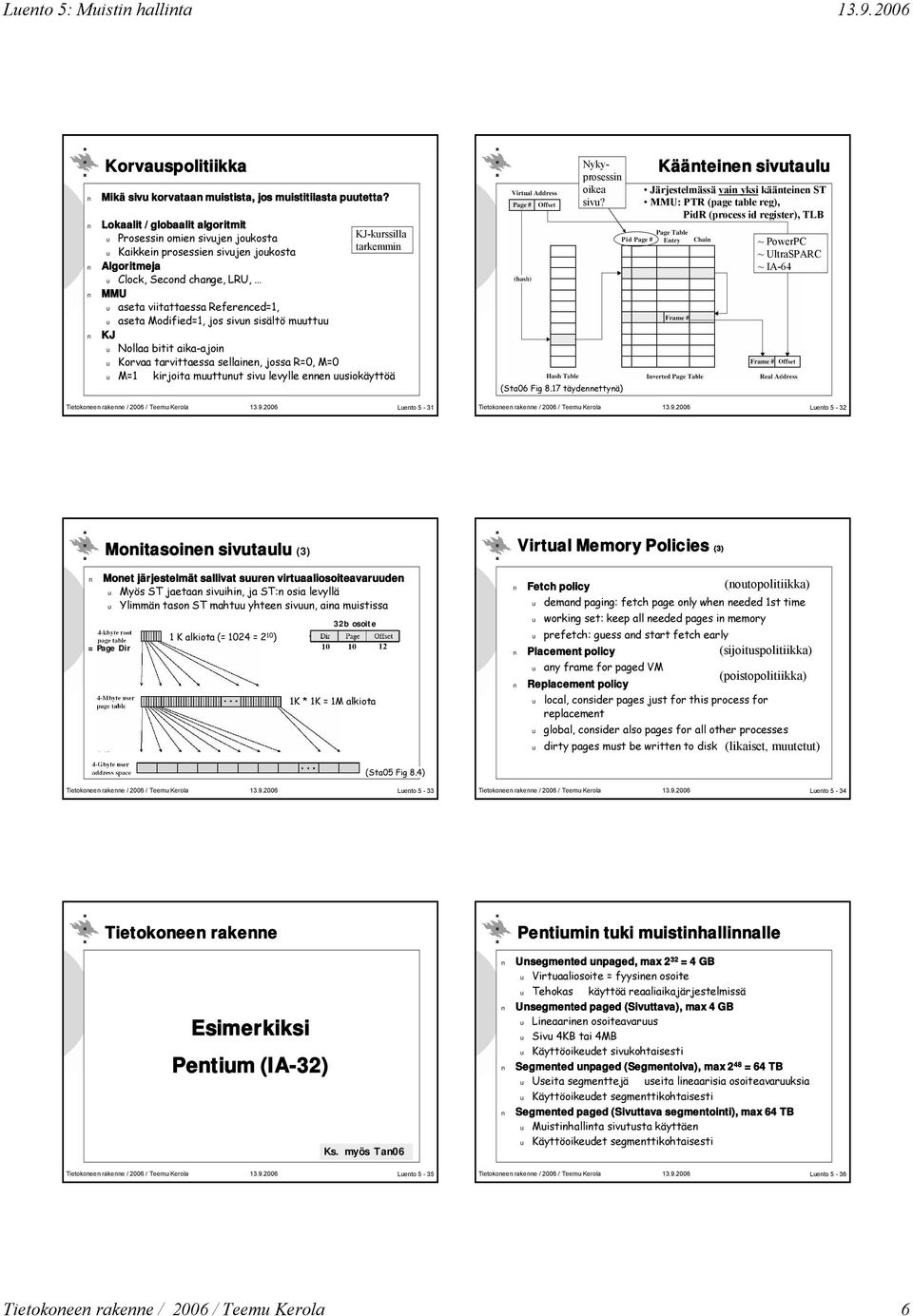 Referenced=1, u aseta Modified=1, jos sivun sisältö muuttuu KJ u Nollaa bitit aika-ajoin u Korvaa tarvittaessa sellainen, jossa R=0, M=0 u M=1 kirjoita muuttunut sivu levylle ennen uusiokäyttöä