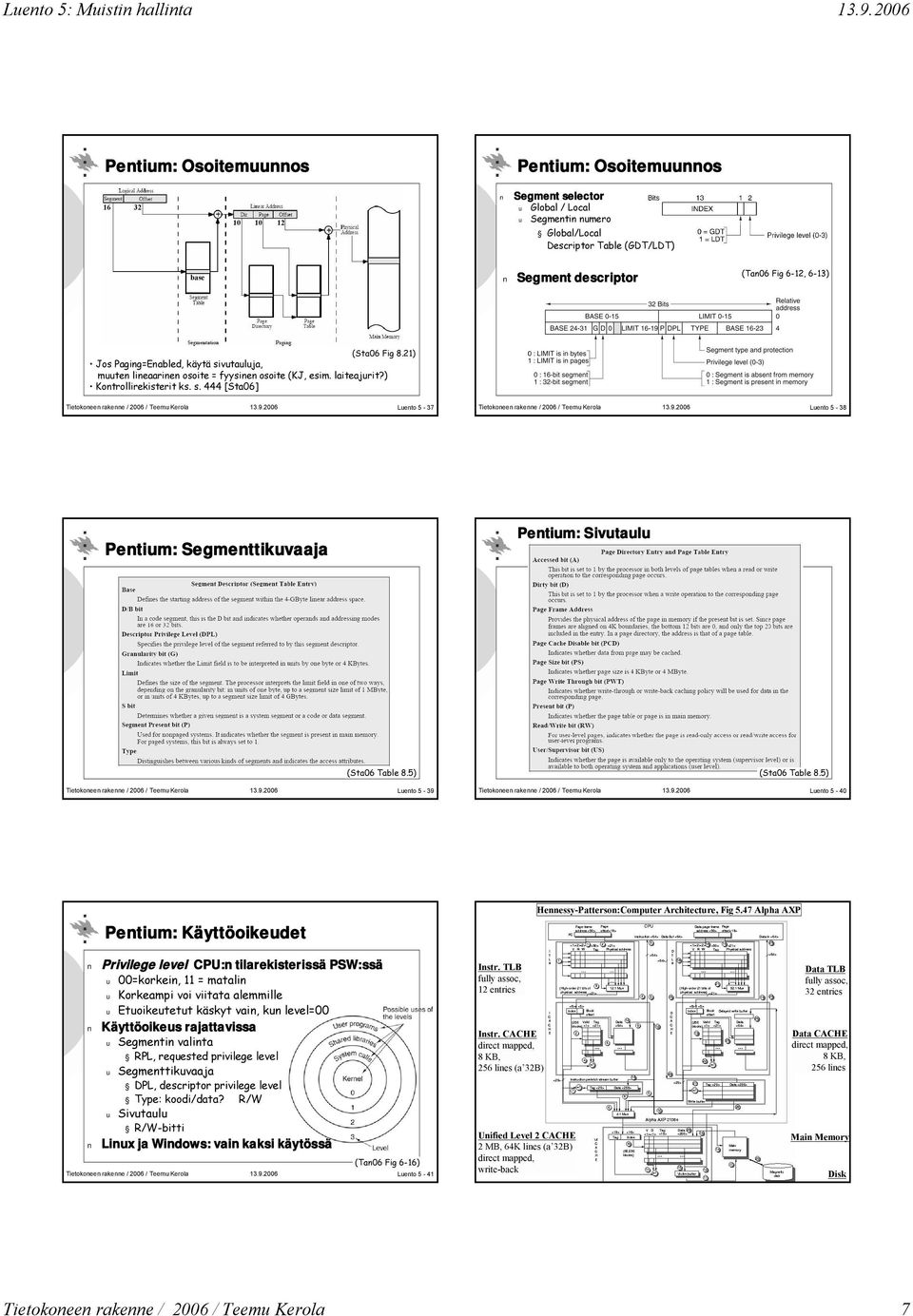 5) Luento 5-39 (Sta06 Table 8.5) Luento 5-40 Pentium: Käyttöoikeudet Hennessy-Patterson:Computer Architecture, Fig 5.