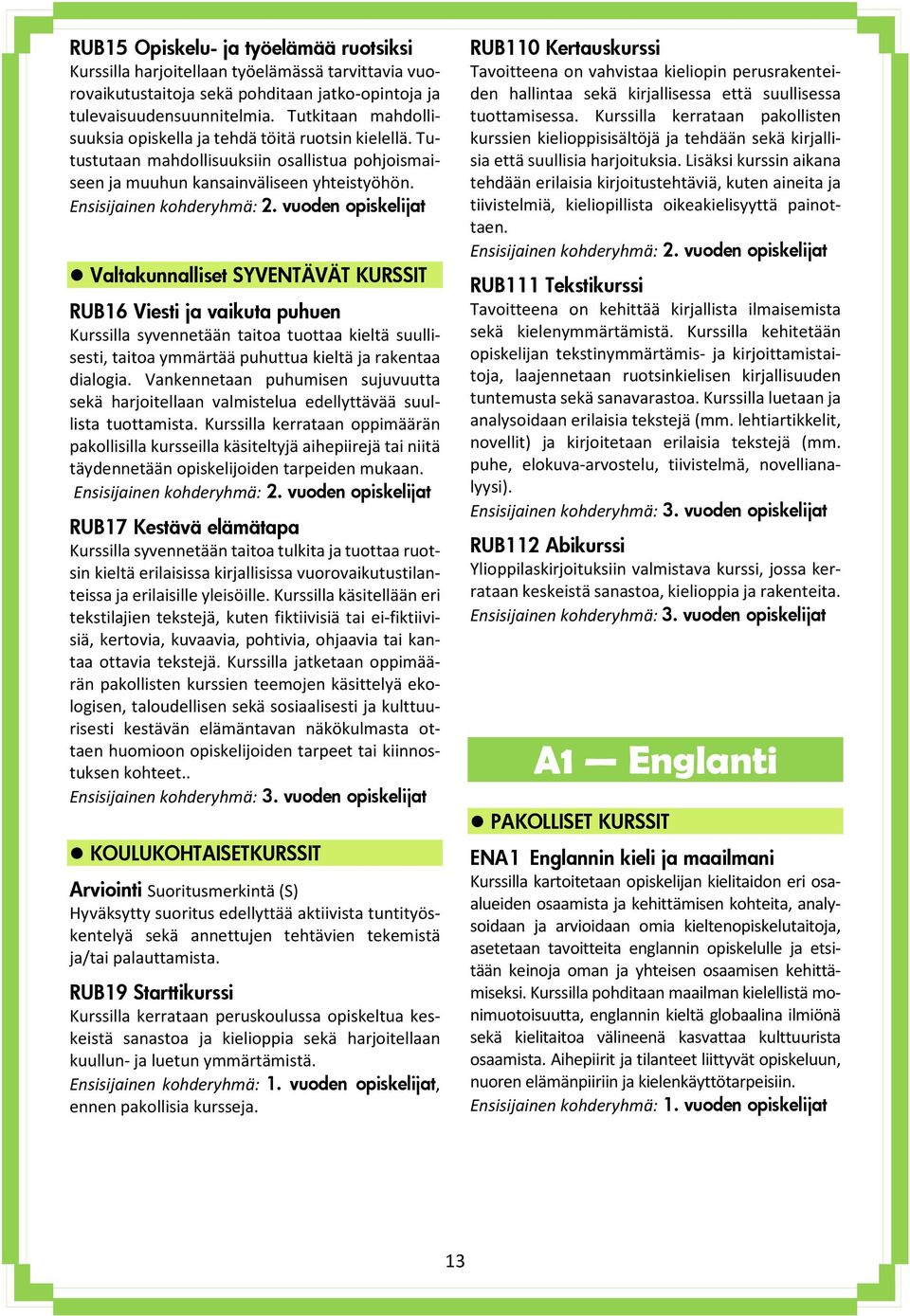 Valtakunnalliset SYVENTÄVÄT KURSSIT RUB16 Viesti ja vaikuta puhuen Kurssilla syvennetään taitoa tuottaa kieltä suullisesti, taitoa ymmärtää puhuttua kieltä ja rakentaa dialogia.