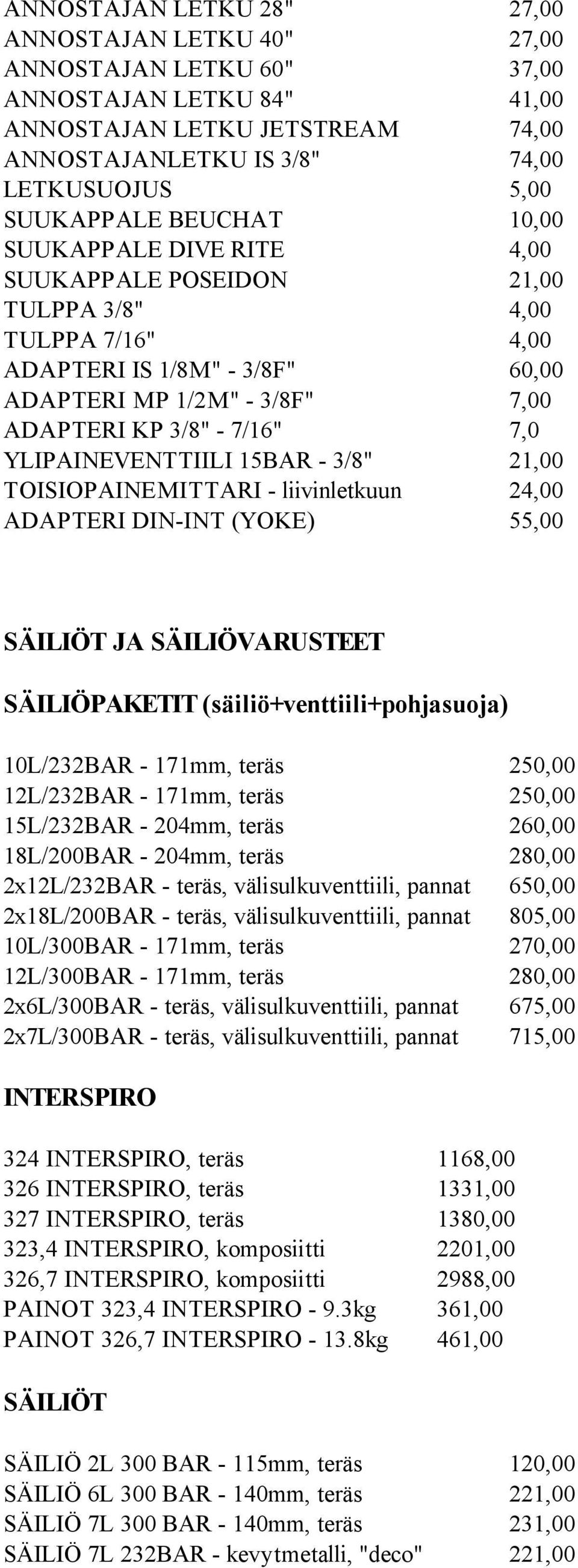 YLIPAINEVENTTIILI 15BAR - 3/8" 21,00 TOISIOPAINEMITTARI - liivinletkuun 24,00 ADAPTERI DIN-INT (YOKE) 55,00 SÄILIÖT JA SÄILIÖVARUSTEET SÄILIÖPAKETIT (säiliö+venttiili+pohjasuoja) 10L/232BAR - 171mm,