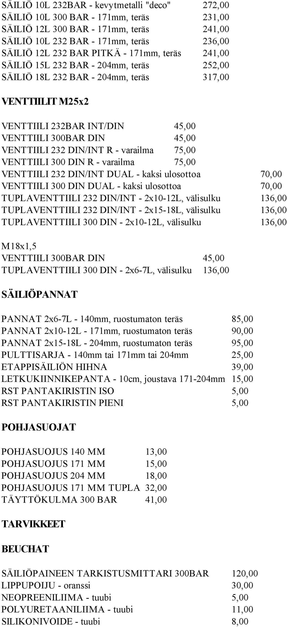 R - varailma 75,00 VENTTIILI 300 DIN R - varailma 75,00 VENTTIILI 232 DIN/INT DUAL - kaksi ulosottoa 70,00 VENTTIILI 300 DIN DUAL - kaksi ulosottoa 70,00 TUPLAVENTTIILI 232 DIN/INT - 2x10-12L,