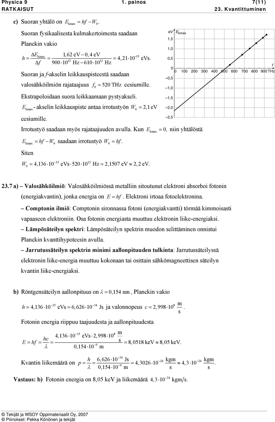 Irrotutyö aadaan yö rajataajuudn avulla. un kax = 0, niin ytälötä kax = f W0 aadaan irrotutyö W0 = f. Sitn 5 W 0 = 4,36 0 V 50 0 Hz =,507 V, V. 3.