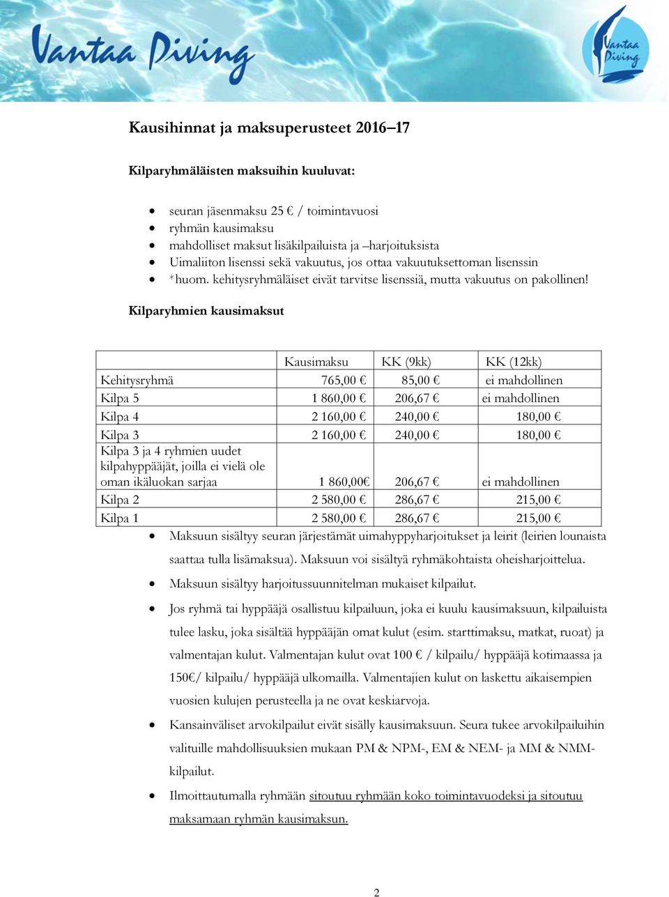 Kilparyhmien kausimaksut Kausimaksu KK (9kk) KK (12kk) Kehitysryhmä 765,00 85,00 ei mahdollinen Kilpa 5 1 860,00 206,67 ei mahdollinen Kilpa 4 2 160,00 240,00 180,00 Kilpa 3 2 160,00 240,00 180,00