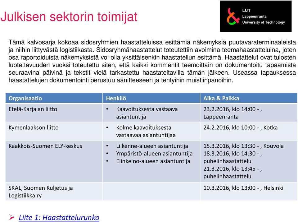 Haastattelut ovat tulosten luotettavuuden vuoksi toteutettu siten, että kaikki kommentit teemoittain on dokumentoitu tapaamista seuraavina päivinä ja tekstit vielä tarkastettu haastateltavilla tämän