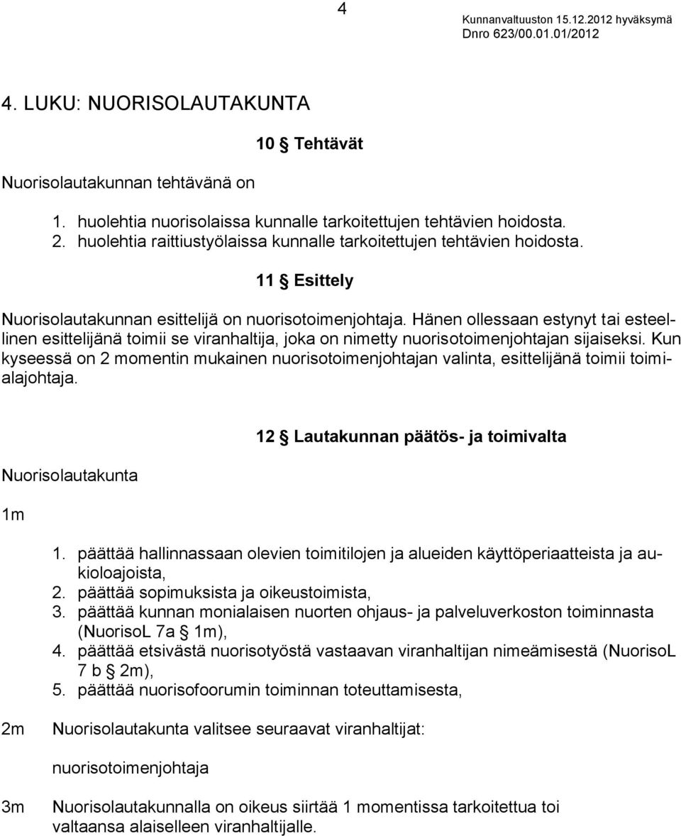 Hänen ollessaan estynyt tai esteellinen esittelijänä toimii se viranhaltija, joka on nimetty nuorisotoimenjohtajan sijaiseksi.